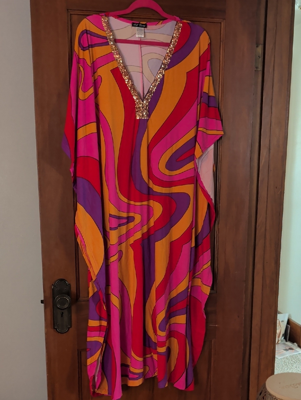 Vibrant Swirl Sequin V-Neck Kaftan - Pink, Orange, Purple